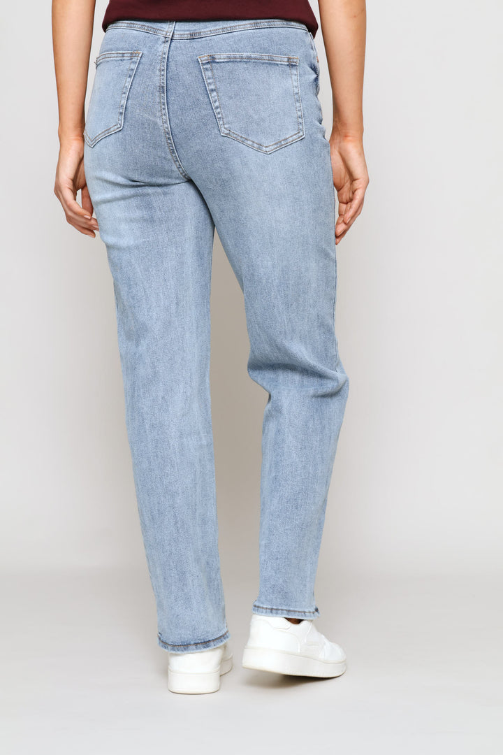 Hi-Rise Distressed Hem Straight Leg Denim - Light Wash