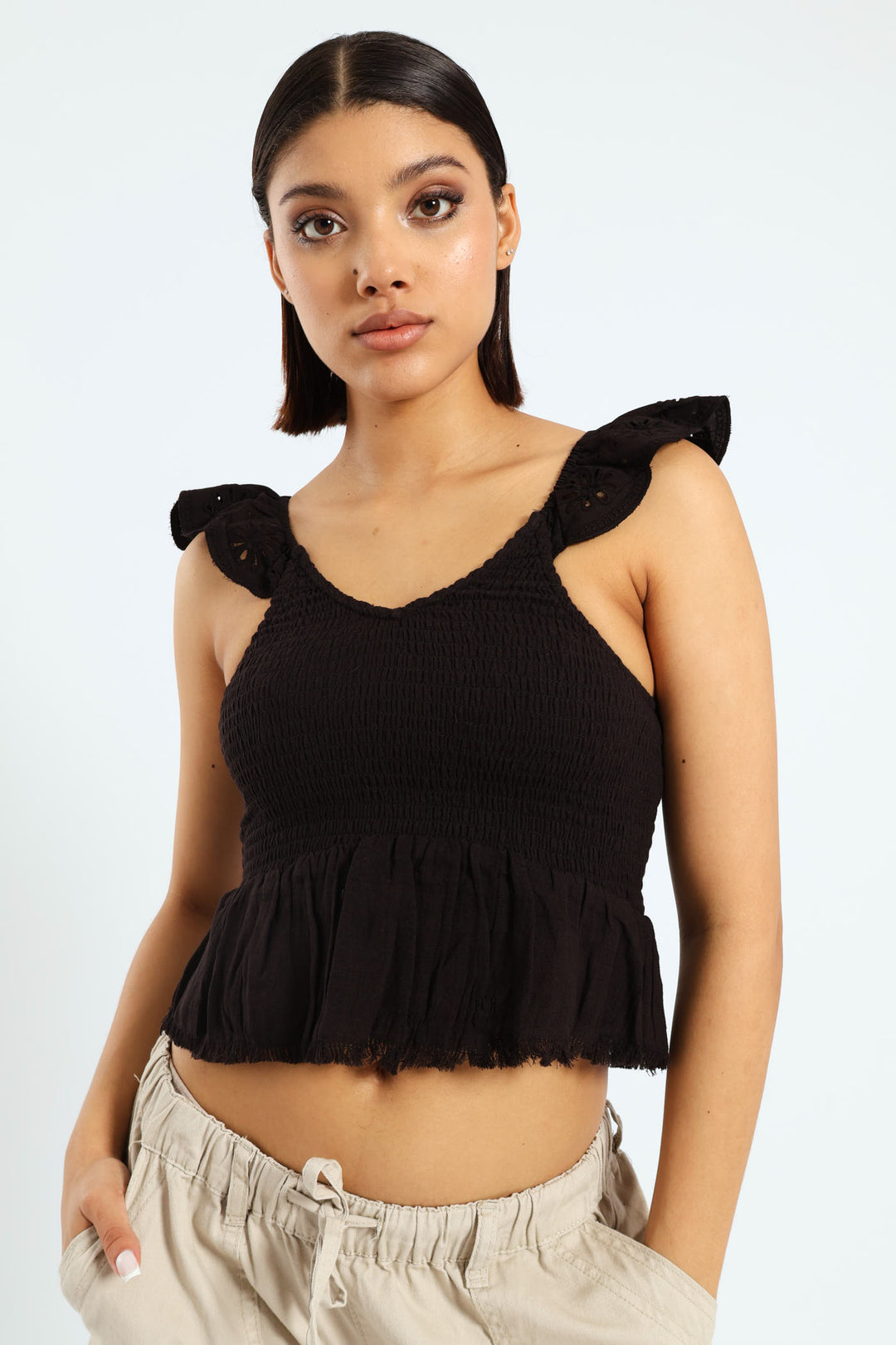 Embroidered Cap Sleeve Gause Top - Black