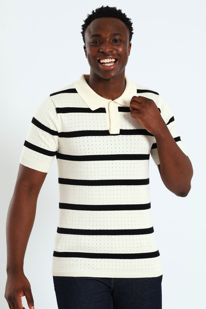 Waffle Stripe Fine Gauge Golfer - Off White