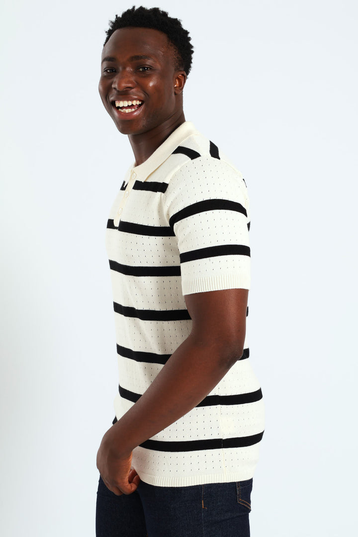 Waffle Stripe Fine Gauge Golfer - Off White