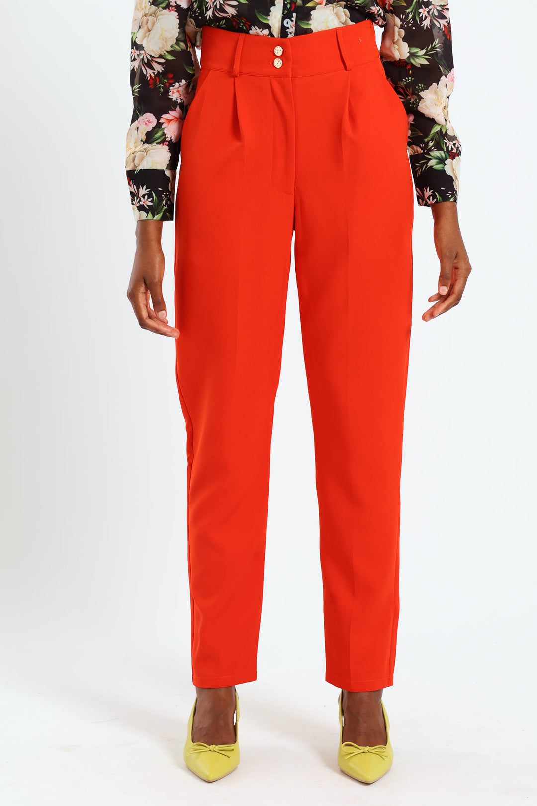 Double Button Slim Leg Pants - Red