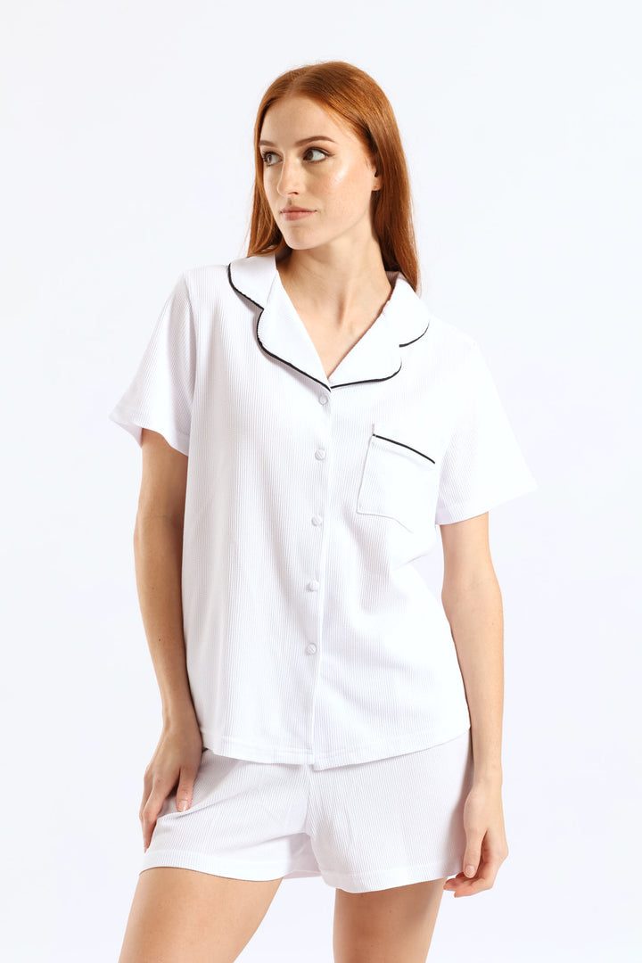 Button Through Waffle Knit Short Set  - White