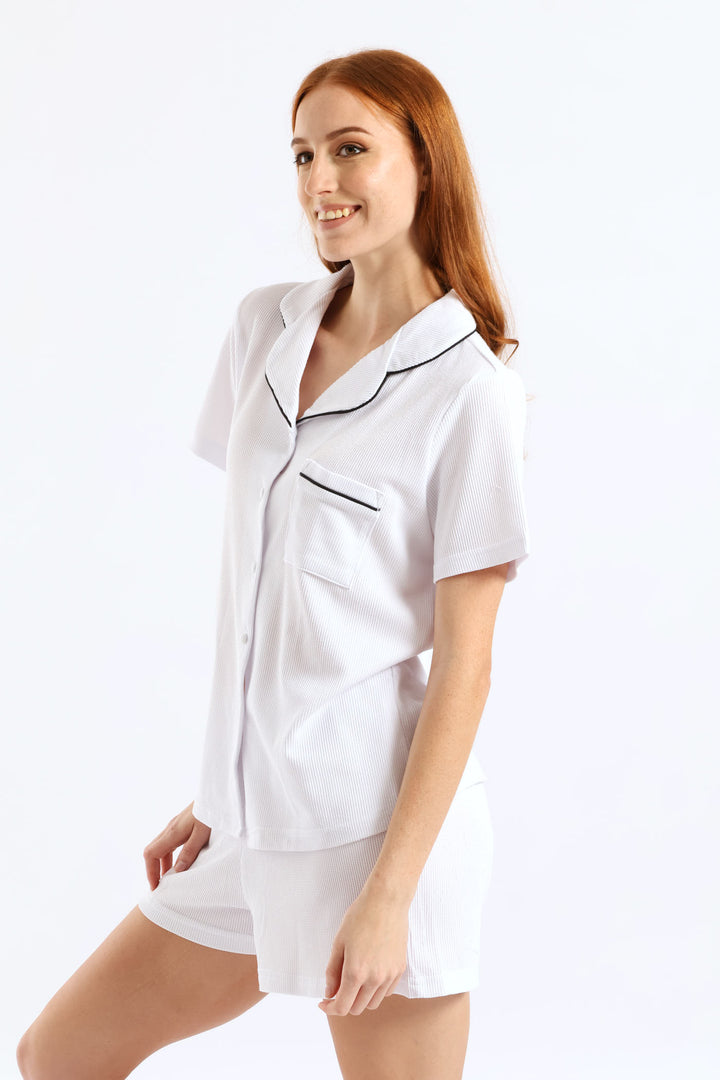 Button Through Waffle Knit Short Set  - White