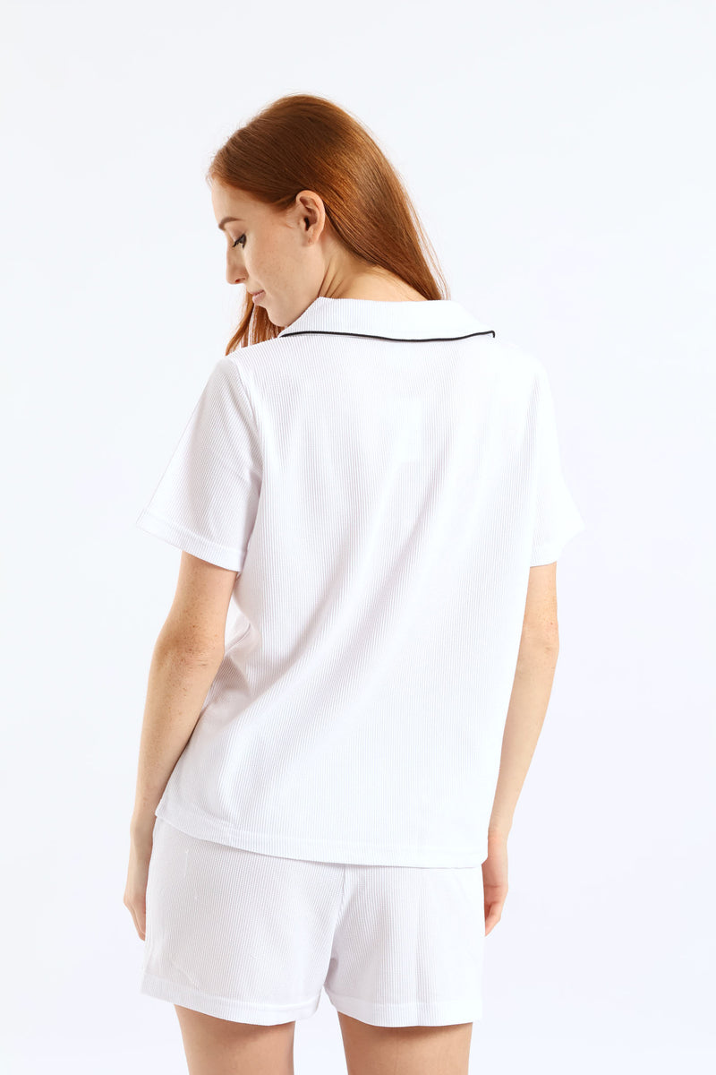 Button Through Waffle Knit Short Set  - White