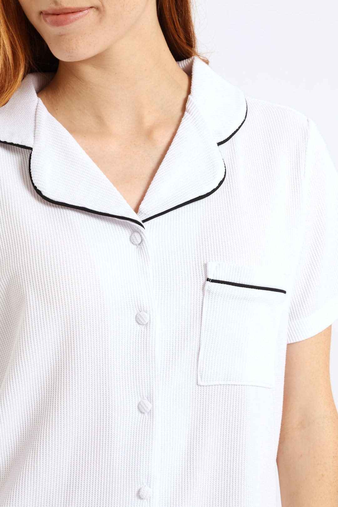 Button Through Waffle Knit Short Set  - White