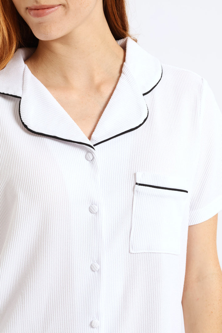 Button Through Waffle Knit Short Set  - White