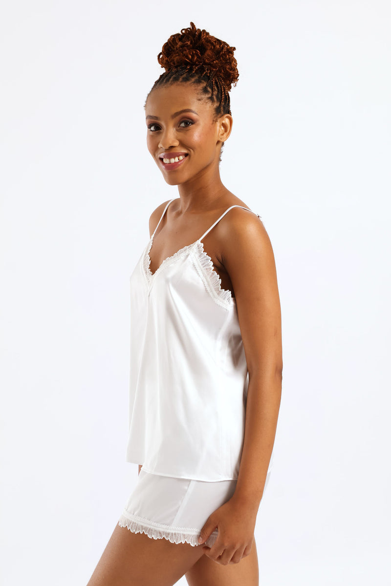 Lace Trim Satin Cami & Short Set - White