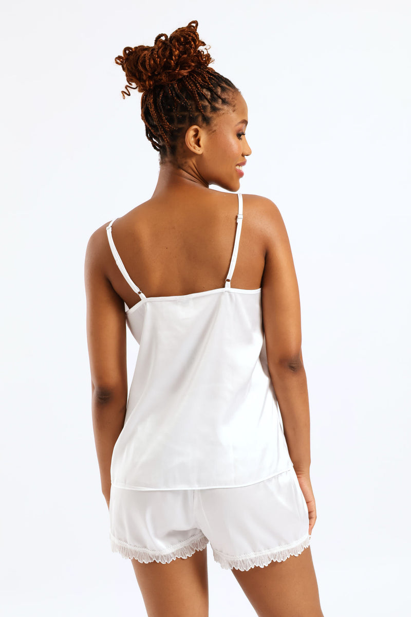 Lace Trim Satin Cami & Short Set - White