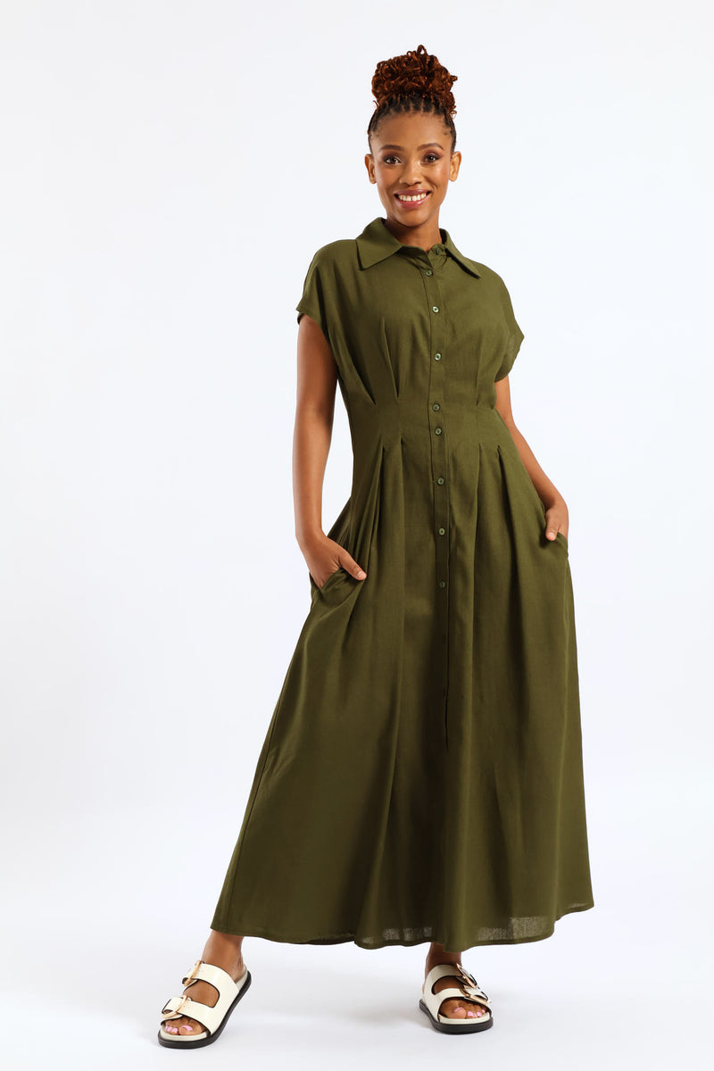 Button Through Pleated Bodice Midaxi Dress - Fatigue