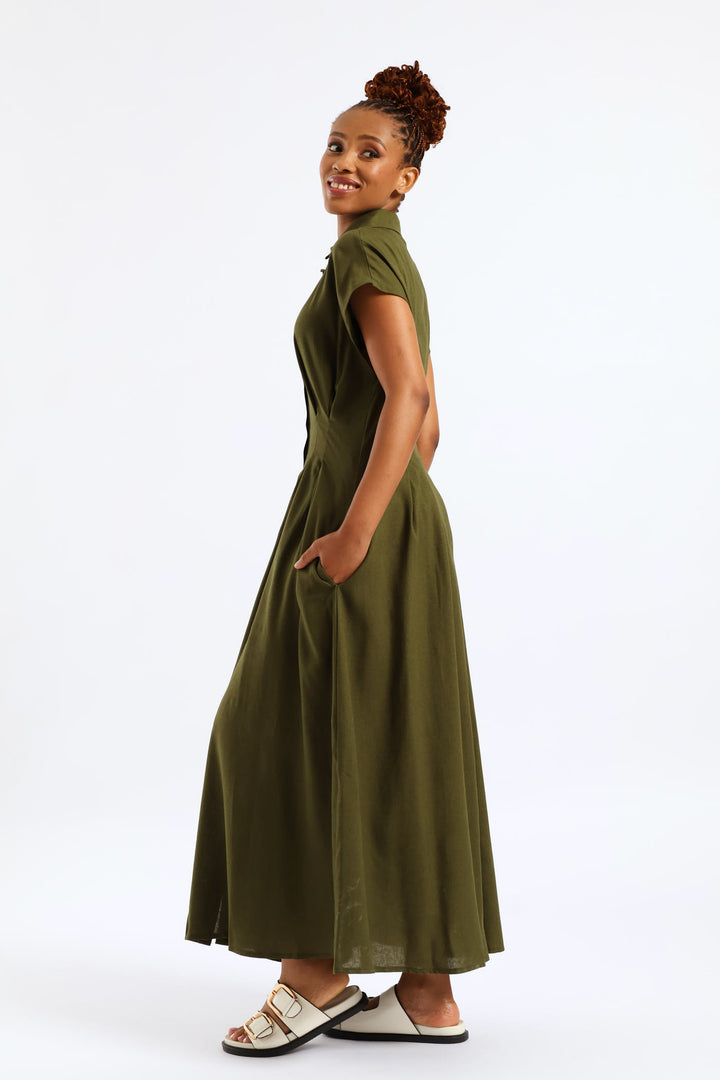 Button Through Pleated Bodice Midaxi Dress - Fatigue