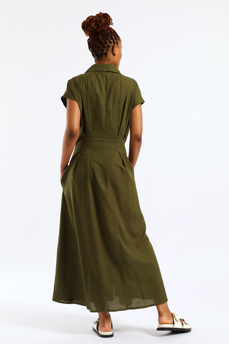Button Through Pleated Bodice Midaxi Dress - Fatigue