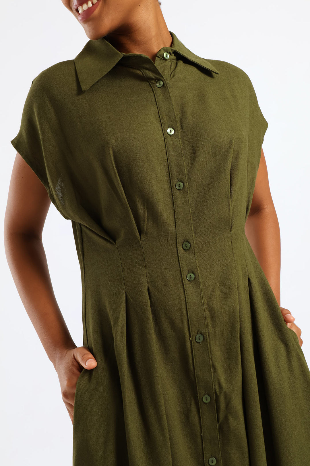 Button Through Pleated Bodice Midaxi Dress - Fatigue