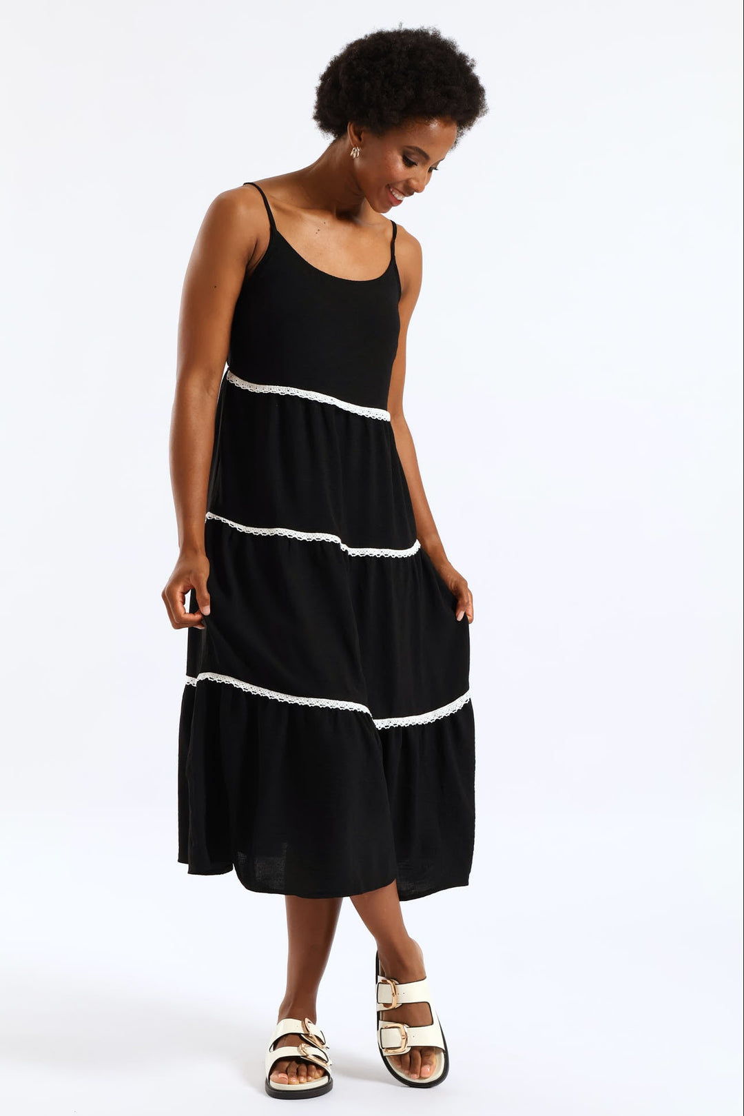 Strappy Contrast Tape Detail Crinkle Tiered Midi Dress  - Black