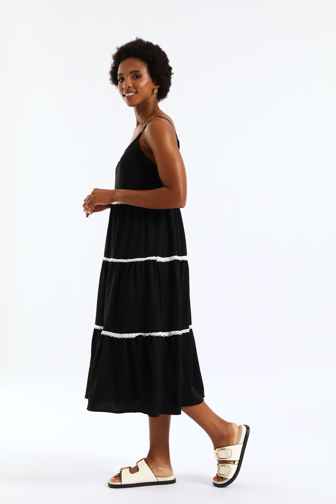 Strappy Contrast Tape Detail Crinkle Tiered Midi Dress  - Black