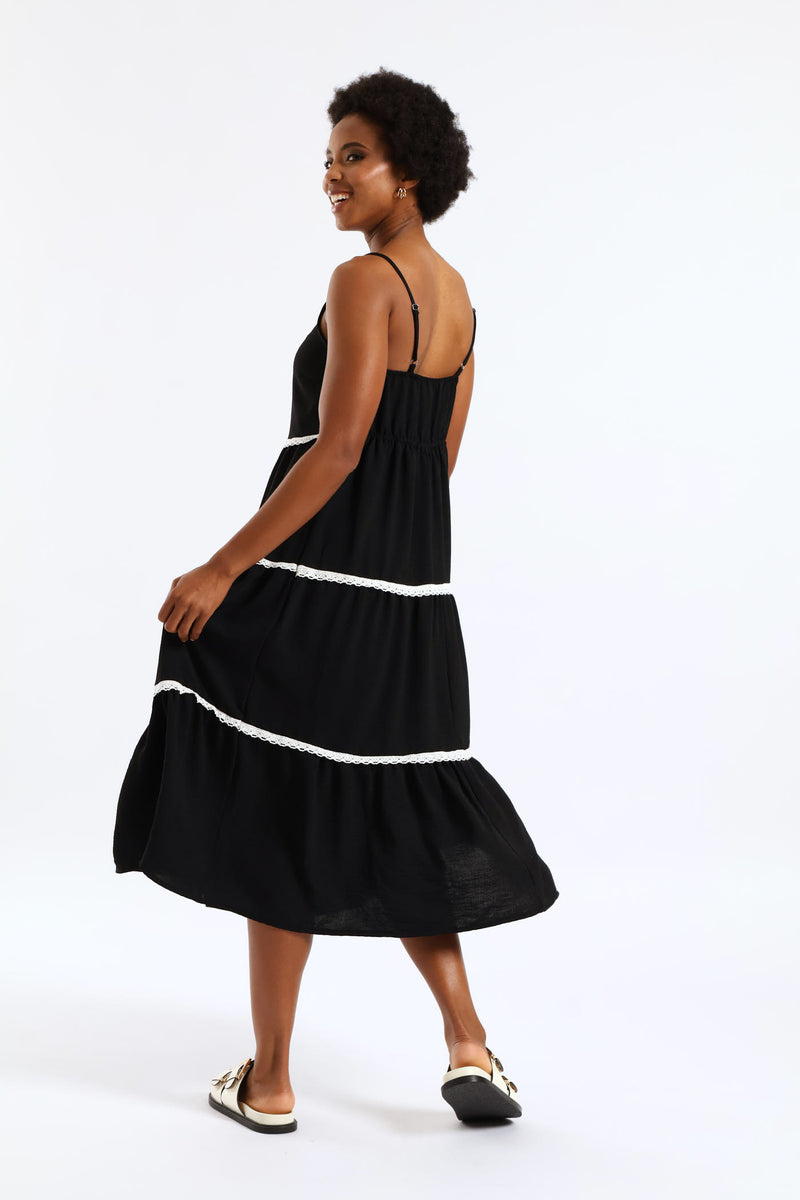 Strappy Contrast Tape Detail Crinkle Tiered Midi Dress  - Black
