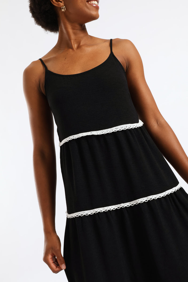 Strappy Contrast Tape Detail Crinkle Tiered Midi Dress  - Black