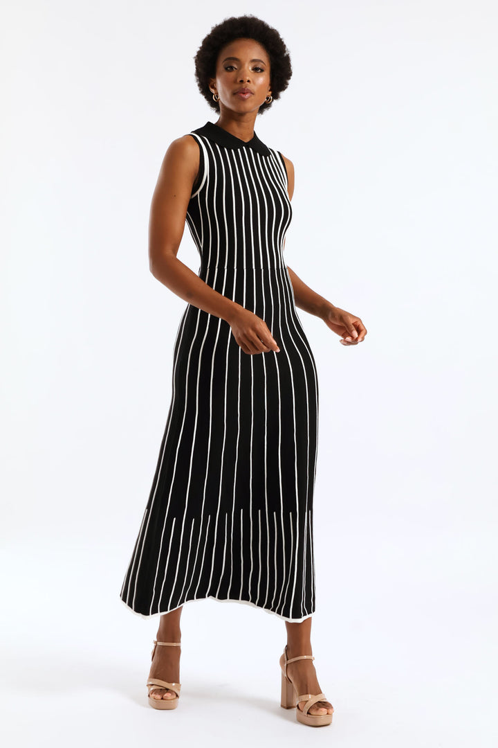 Peterpan Contrast Knitwear Midi Dress - Cream/Black