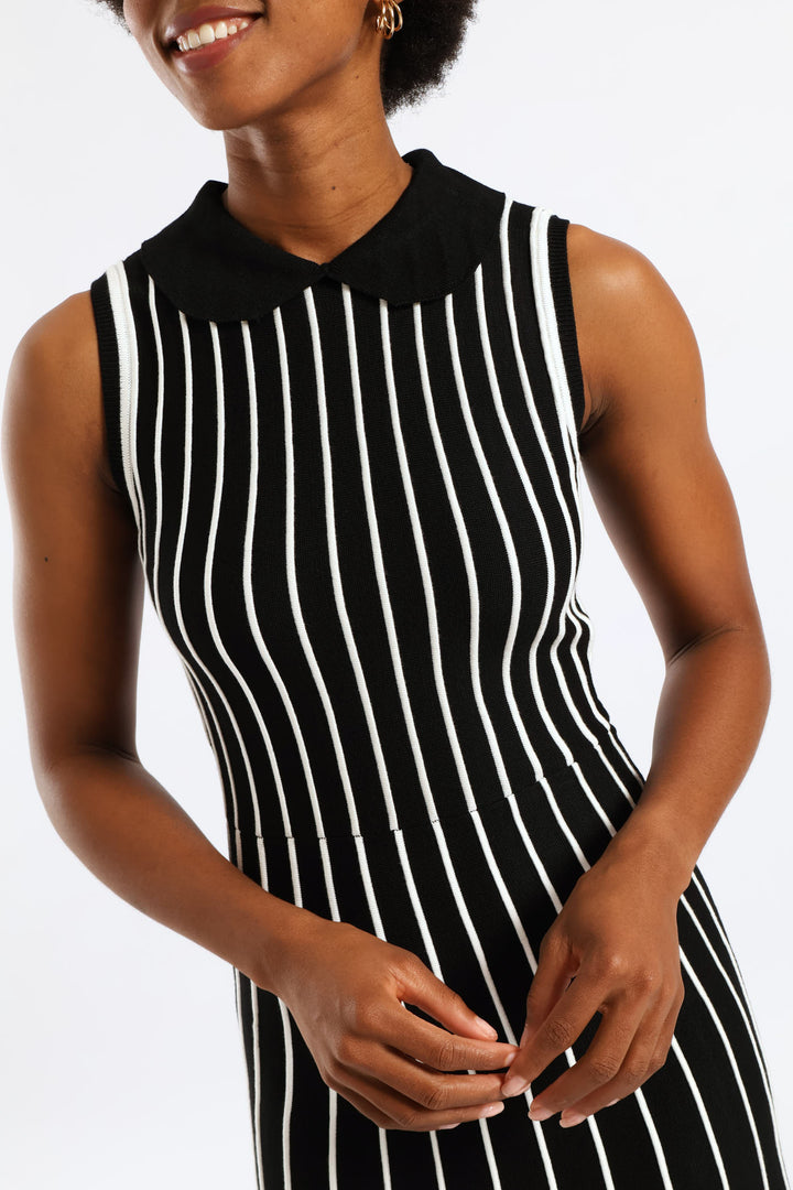 Peterpan Contrast Knitwear Midi Dress - Cream/Black