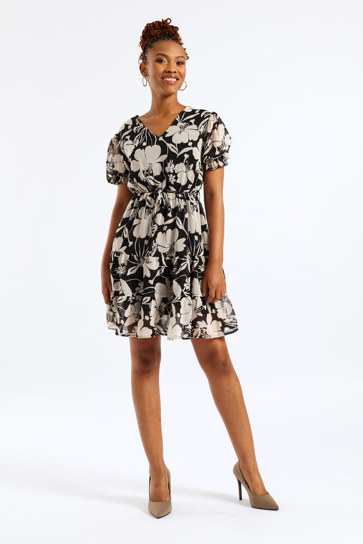V-Neck Waisted Monochrome Frill Hem Tea Dress - Black/Cream