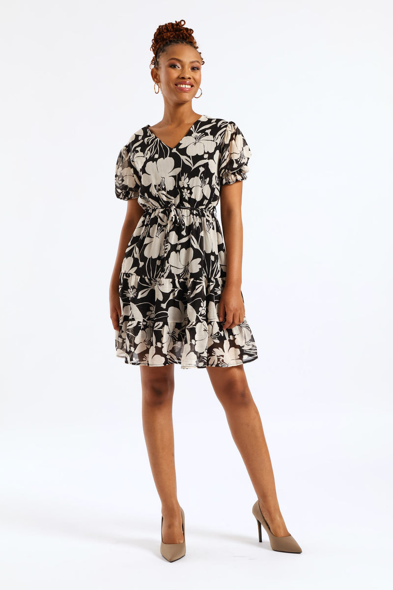 V-Neck Waisted Monochrome Frill Hem Tea Dress - Black/Cream