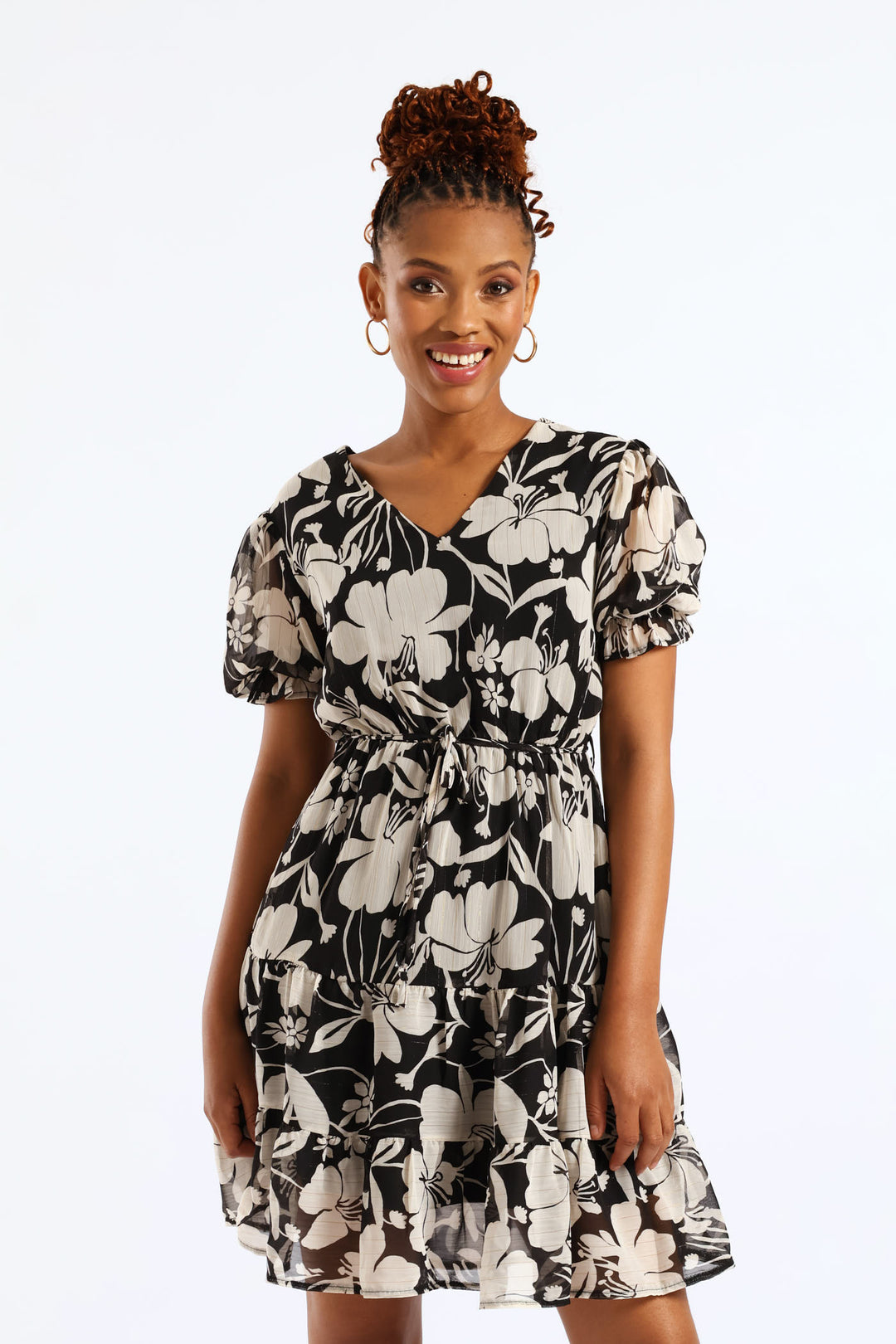 V-Neck Waisted Monochrome Frill Hem Tea Dress - Black/Cream