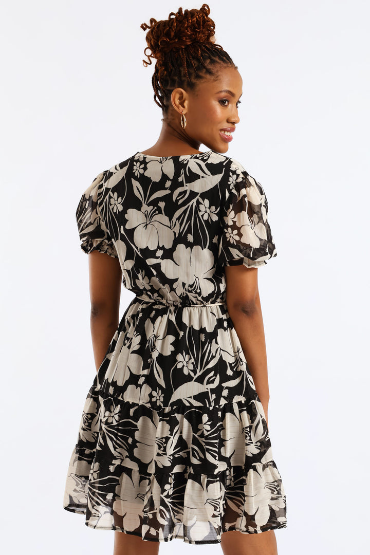 V-Neck Waisted Monochrome Frill Hem Tea Dress - Black/Cream