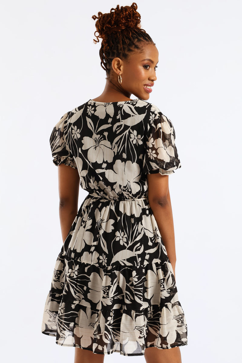 V-Neck Waisted Monochrome Frill Hem Tea Dress - Black/Cream