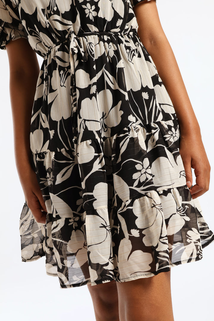 V-Neck Waisted Monochrome Frill Hem Tea Dress - Black/Cream