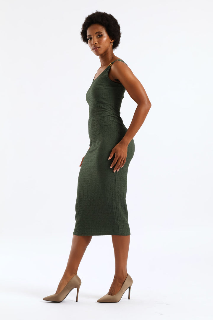 Textured Trim Bodycon Midi Dress - Olive