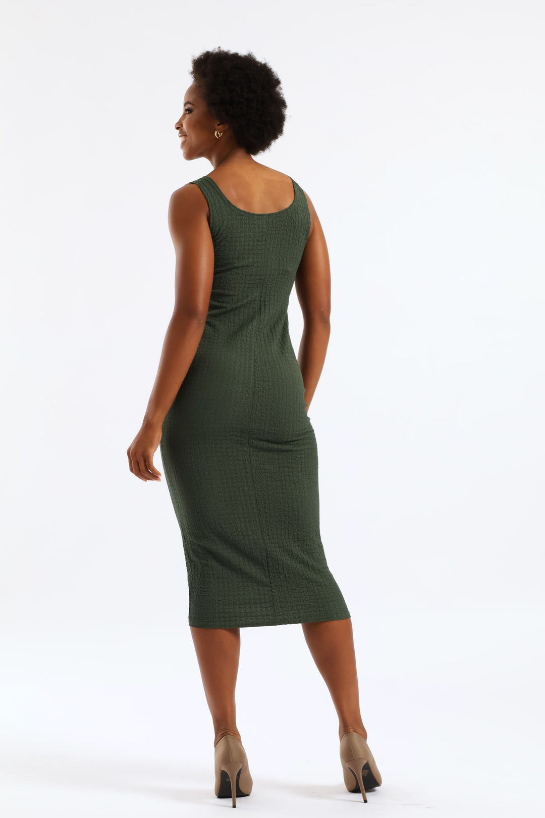 Textured Trim Bodycon Midi Dress - Olive