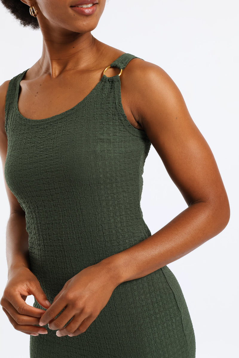 Textured Trim Bodycon Midi Dress - Olive