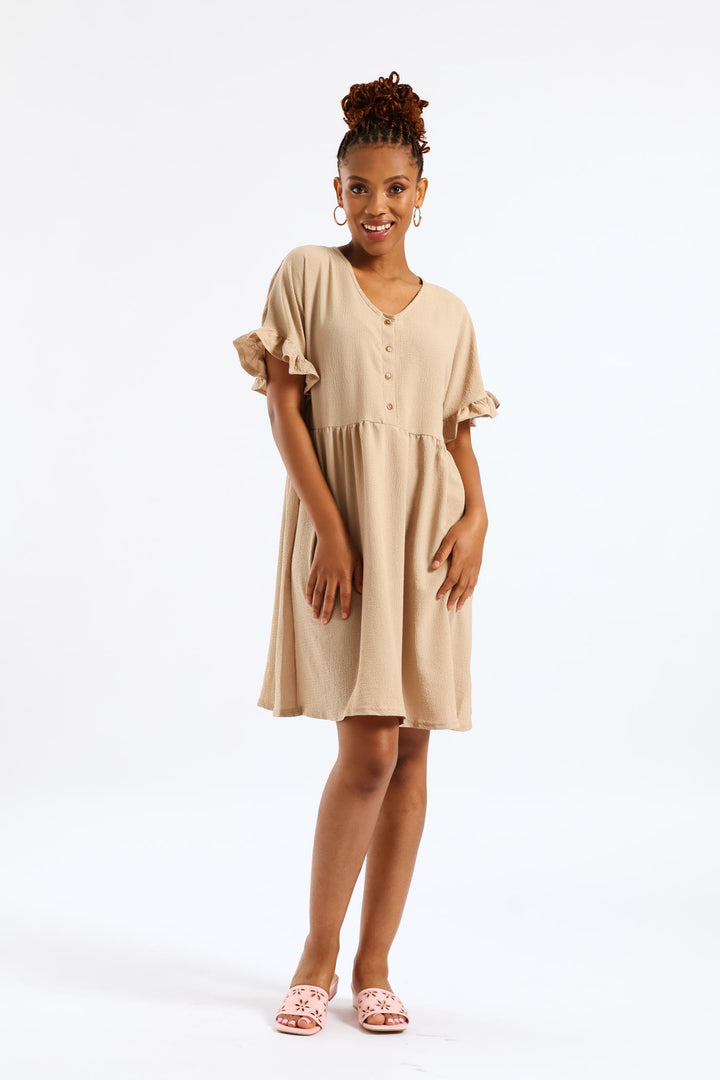 V-Neck Button Detail Babydoll Dress - Chestnut