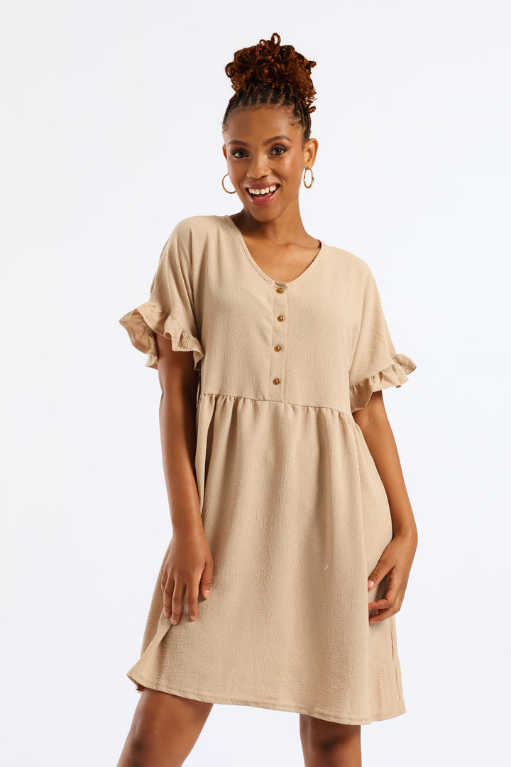 V-Neck Button Detail Babydoll Dress - Chestnut