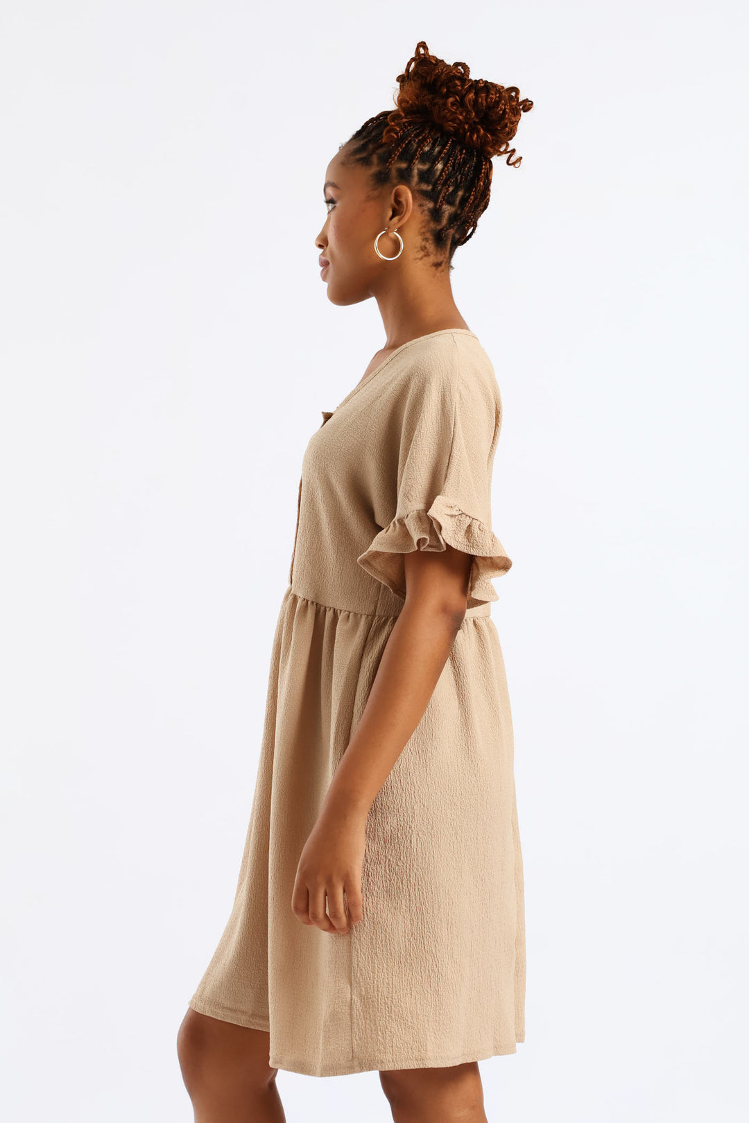 V-Neck Button Detail Babydoll Dress - Chestnut