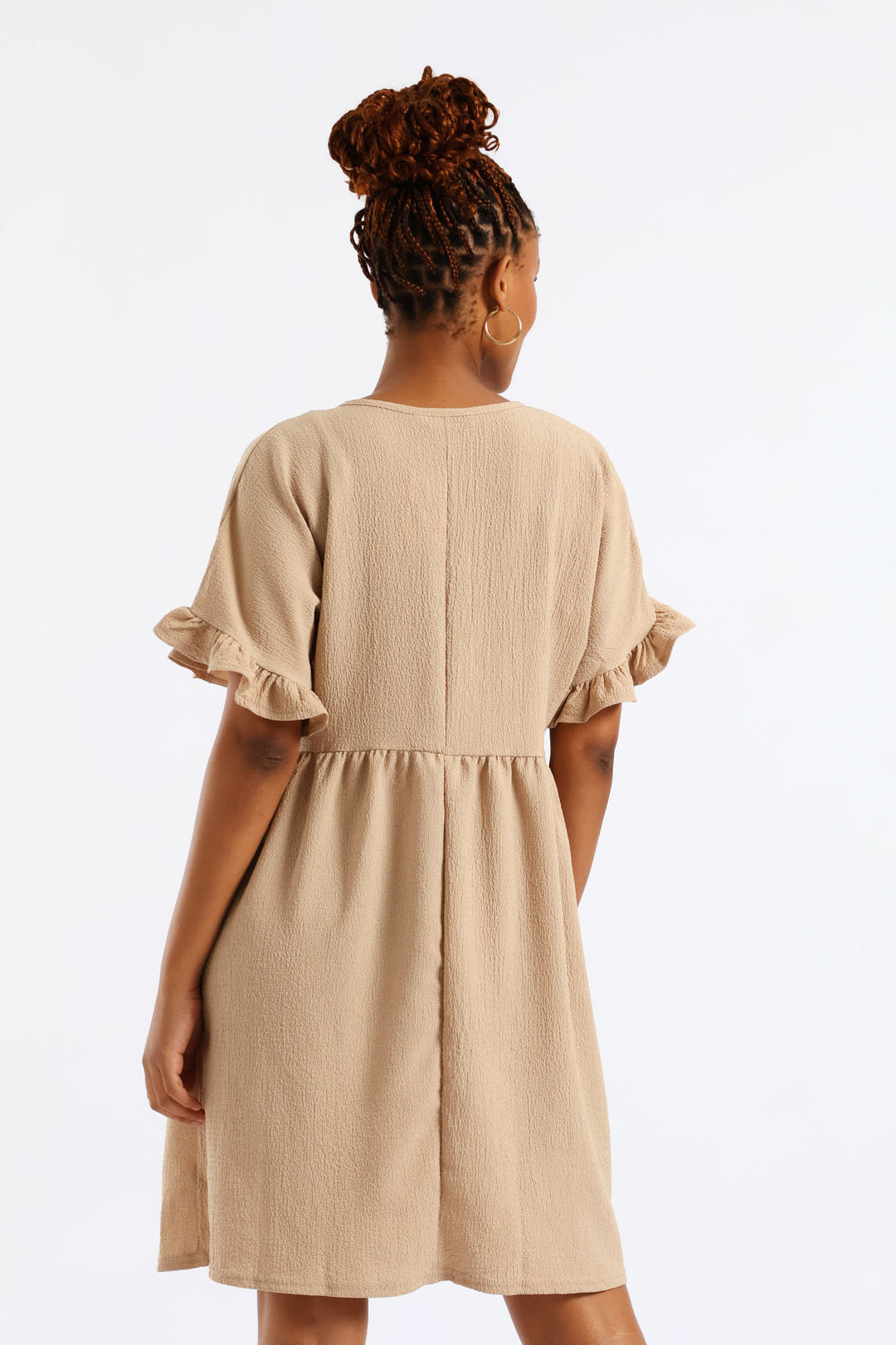 V-Neck Button Detail Babydoll Dress - Chestnut