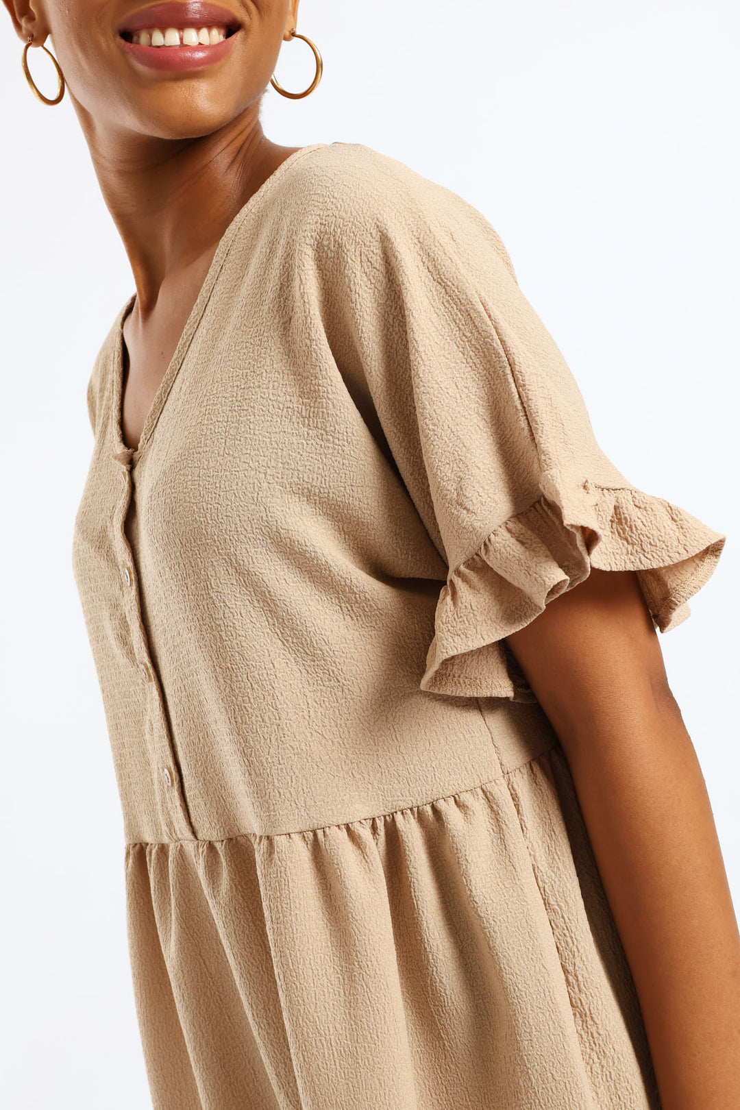 V-Neck Button Detail Babydoll Dress - Chestnut