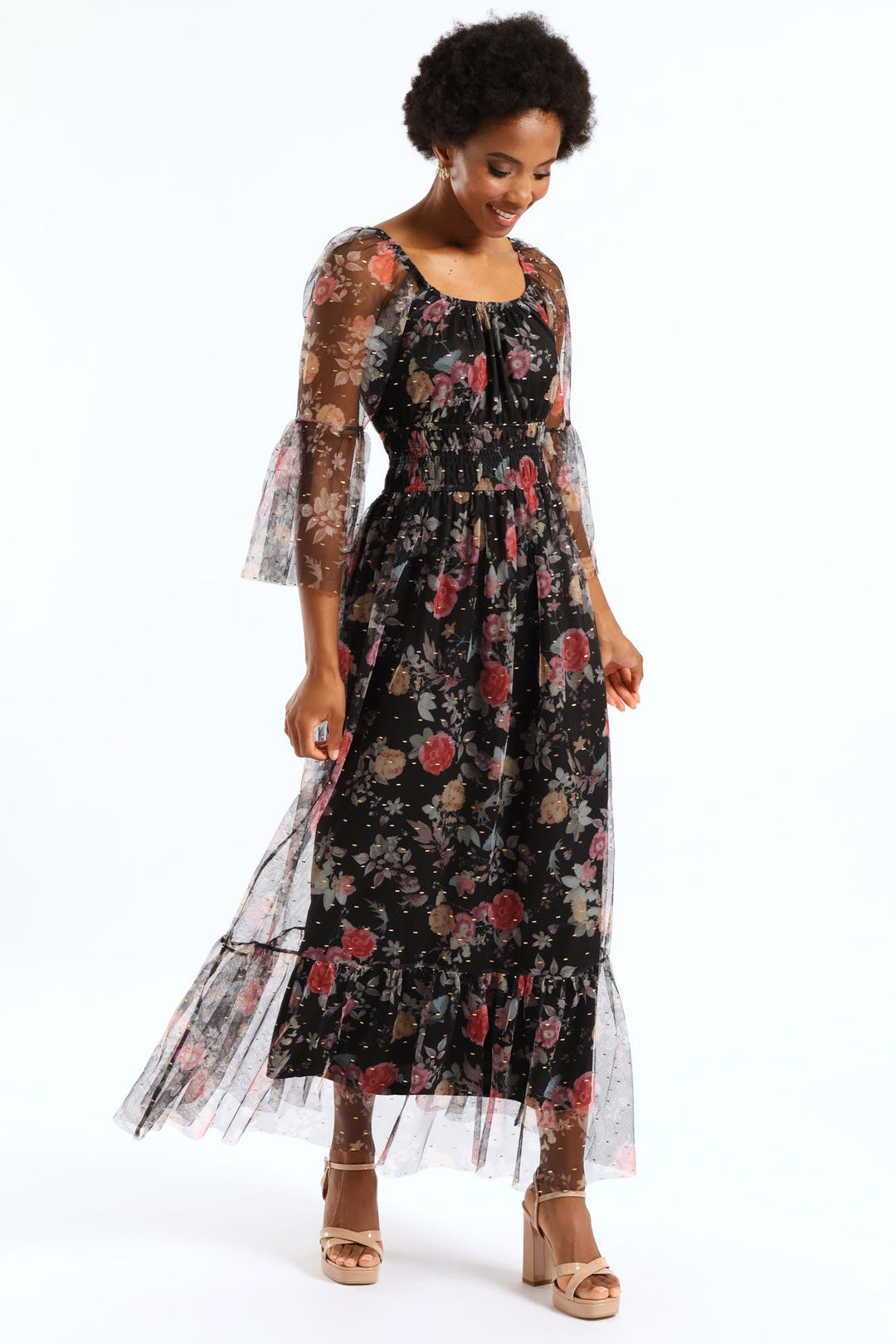 Shirred Waisted Tiered Mesh Maxi Dress - Black