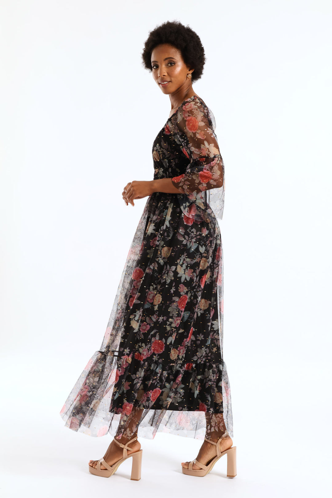 Shirred Waisted Tiered Mesh Maxi Dress - Black