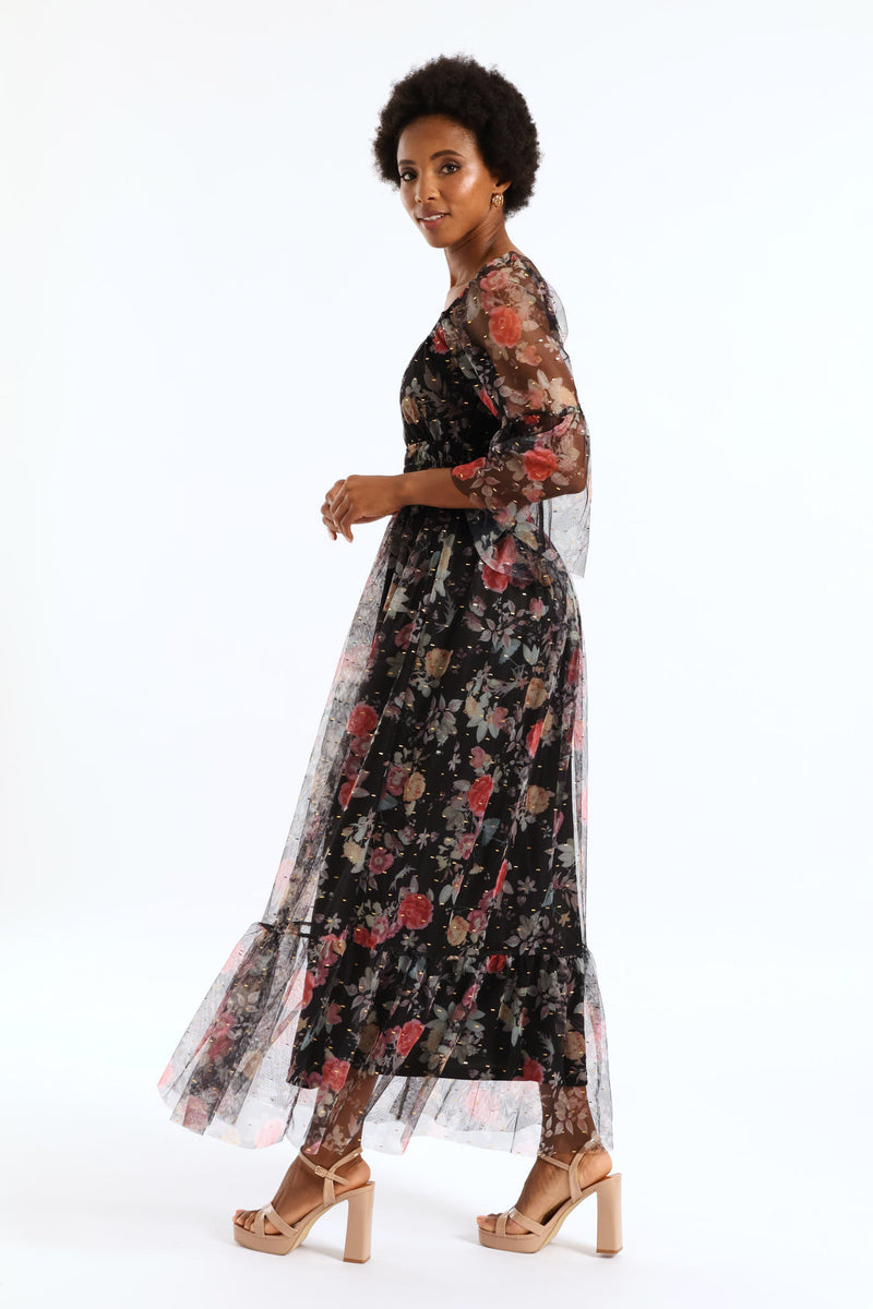 Shirred Waisted Tiered Mesh Maxi Dress - Black