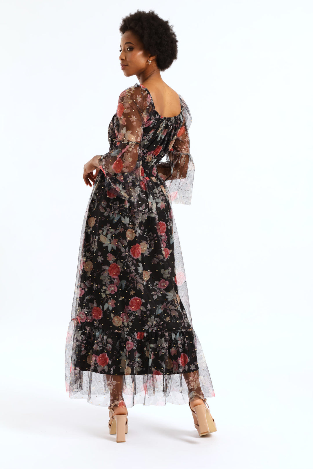 Shirred Waisted Tiered Mesh Maxi Dress - Black