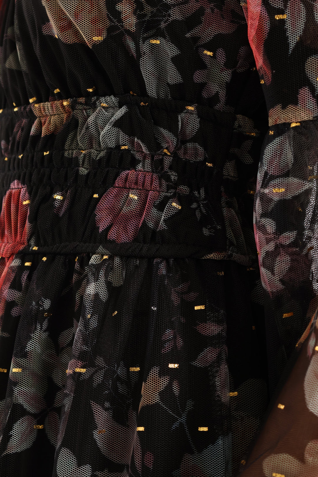 Shirred Waisted Tiered Mesh Maxi Dress - Black