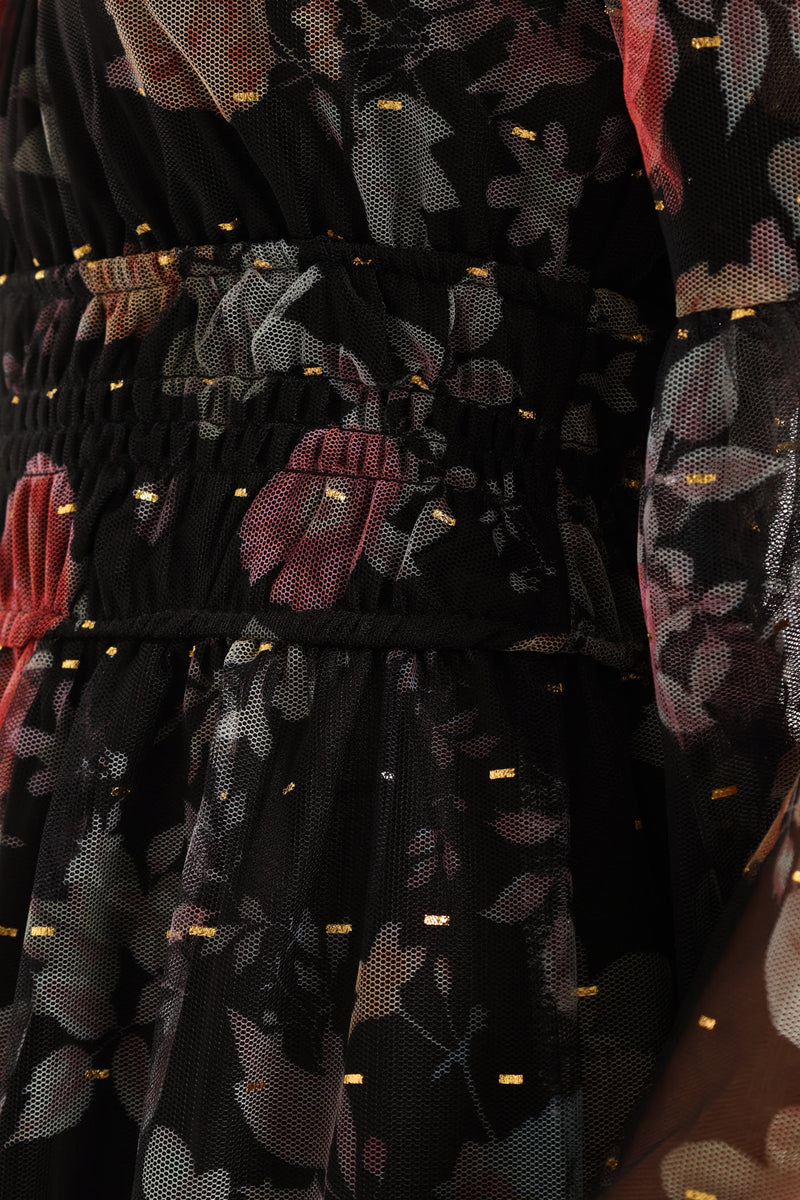 Shirred Waisted Tiered Mesh Maxi Dress - Black