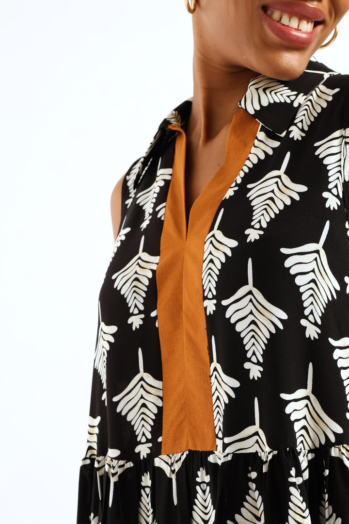 Half Placket Collar Border Print Shift Midi Dress - Black/Beige