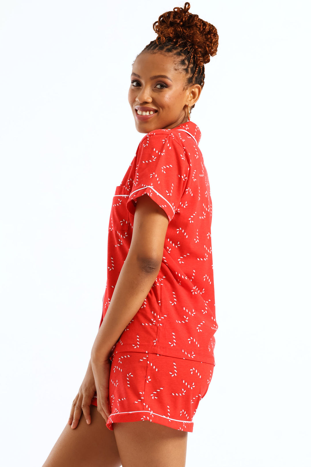 Button Through Xmas Knit Short Set - White/Red