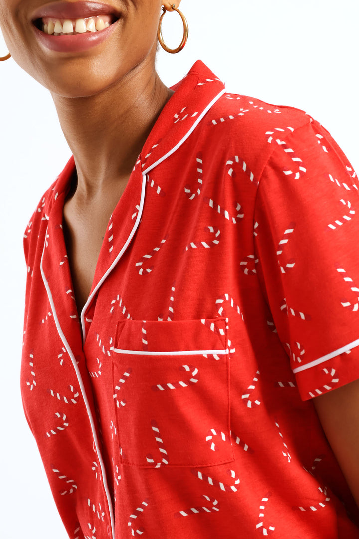 Button Through Xmas Knit Short Set - White/Red