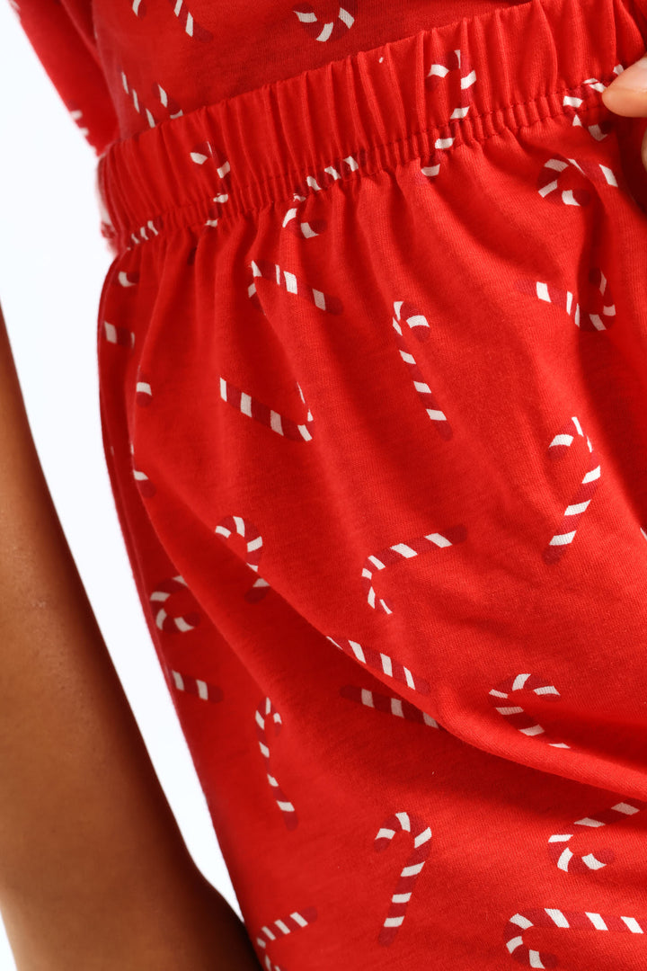 Button Through Xmas Knit Short Set - White/Red