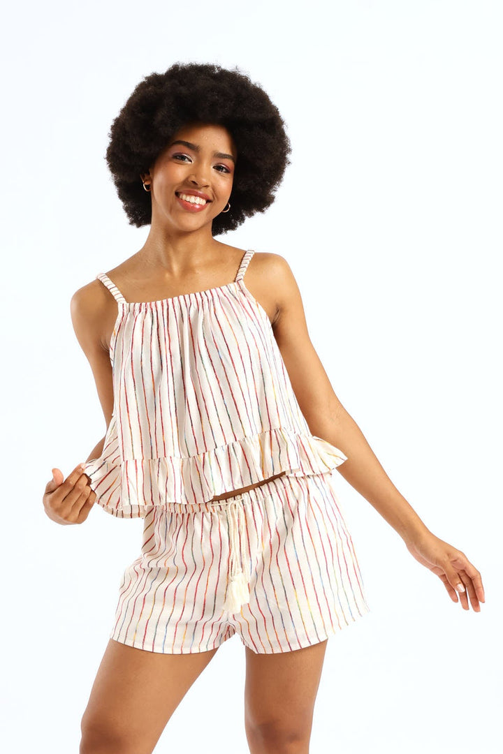 Linen Lurex Stripe Short - Beige