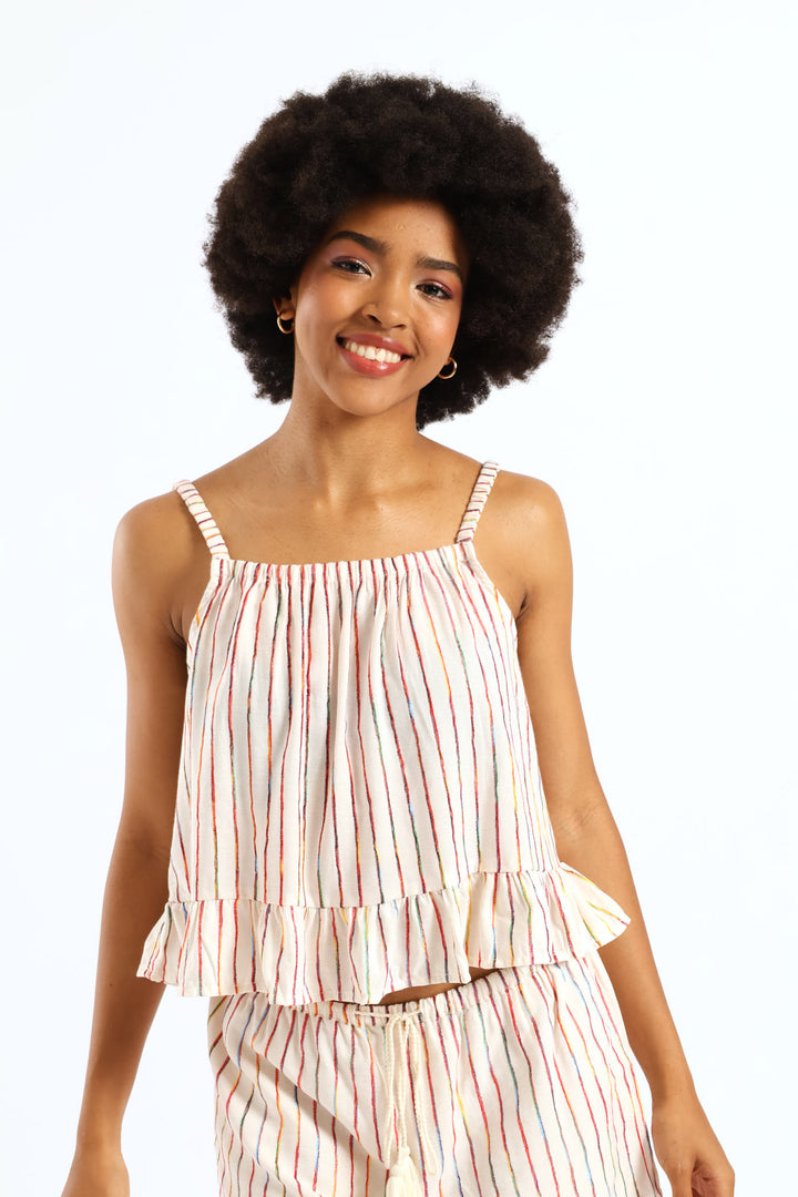 Linen Lurex Stripe Cami - Beige