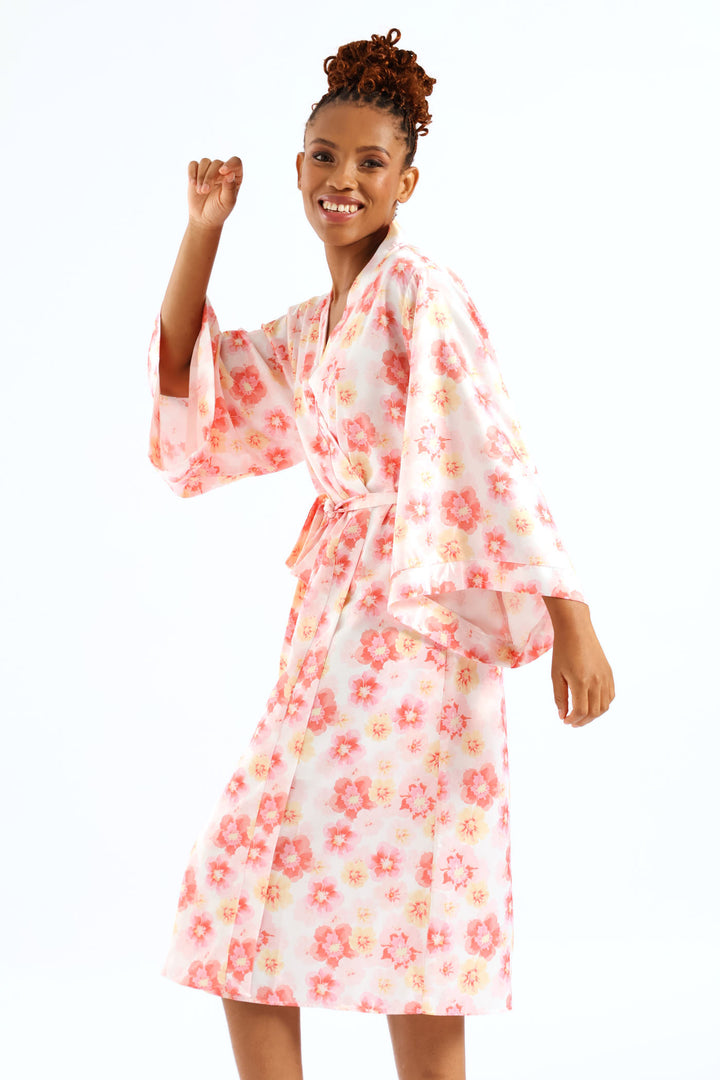 Satin Floral 3/4 Gown - White