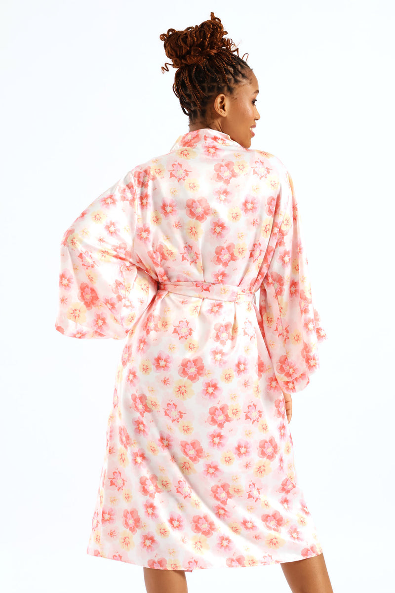 Satin Floral 3/4 Gown - White